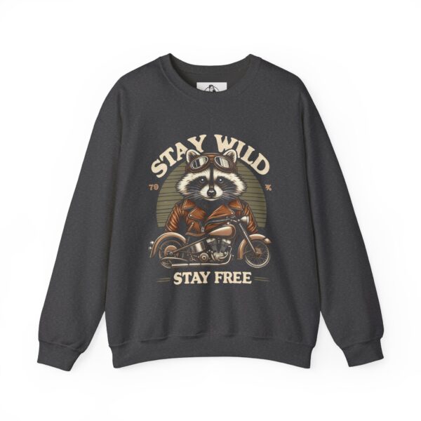 Stay Wild Raccoon Sweatshirt - Unisex Heavy Blend Crewneck, Perfect for Nature Lovers, Gift for Motorcycle Enthusiasts, Cozy Fashion