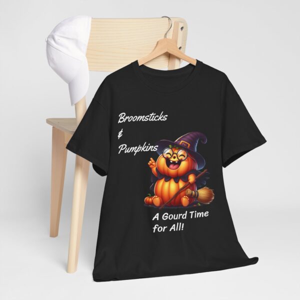 Halloween Themed Unisex Heavy Cotton Tee, Gourd Time Tee, Broomsticks & Pumpkins Shirt, Cozy Fall T-Shirt, Autumn Celebration Apparel, - Image 2