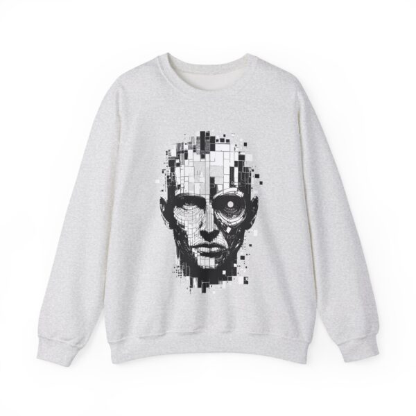 Pixelated Face Crewneck Sweatshirt, Unisex Art Sweatshirt, Graphic Crewneck, Stylish Gift for Tech Lovers, Modern Urban Wear - Image 3