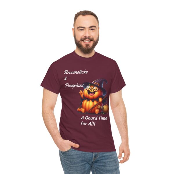 Halloween Themed Unisex Heavy Cotton Tee, Gourd Time Tee, Broomsticks & Pumpkins Shirt, Cozy Fall T-Shirt, Autumn Celebration Apparel, - Image 3
