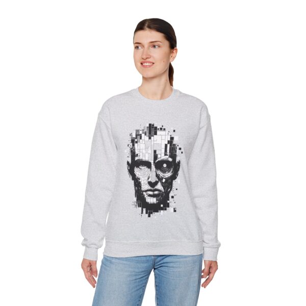 Pixelated Face Crewneck Sweatshirt, Unisex Art Sweatshirt, Graphic Crewneck, Stylish Gift for Tech Lovers, Modern Urban Wear - Image 4