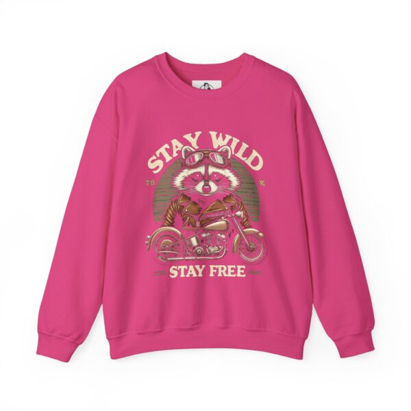 Stay Wild Raccoon Sweatshirt - Unisex Heavy Blend Crewneck, Perfect for Nature Lovers, Gift for Motorcycle Enthusiasts, Cozy Fashion - Image 3