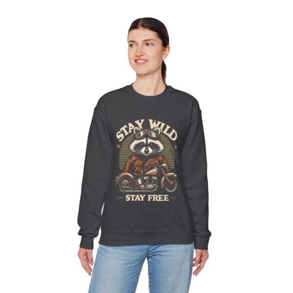Stay Wild Raccoon Sweatshirt - Unisex Heavy Blend Crewneck, Perfect for Nature Lovers, Gift for Motorcycle Enthusiasts, Cozy Fashion - Image 2